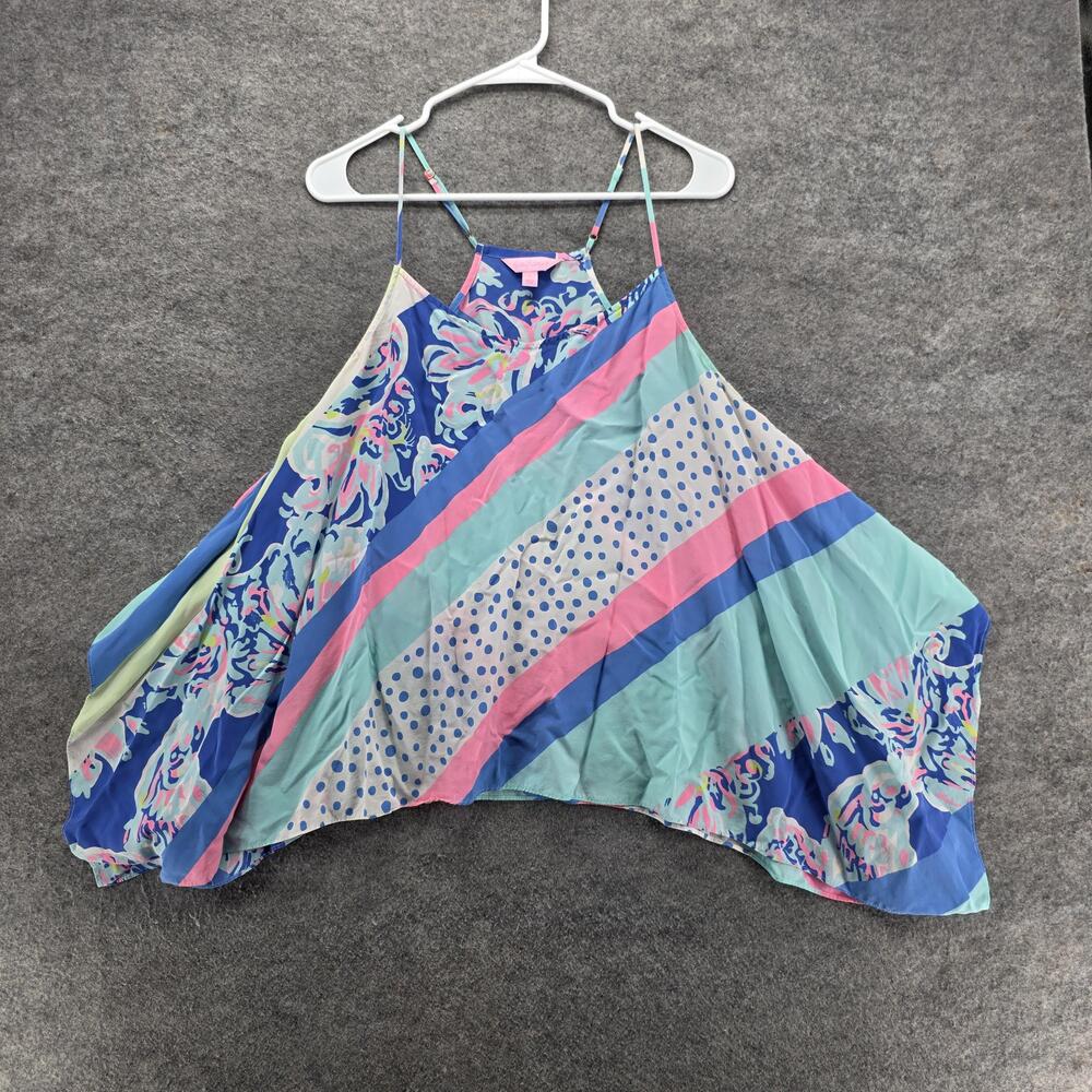 Lilly Pulitzer Tank Top Womens Large Blue Pink Silk Handkerchief Hem Floral